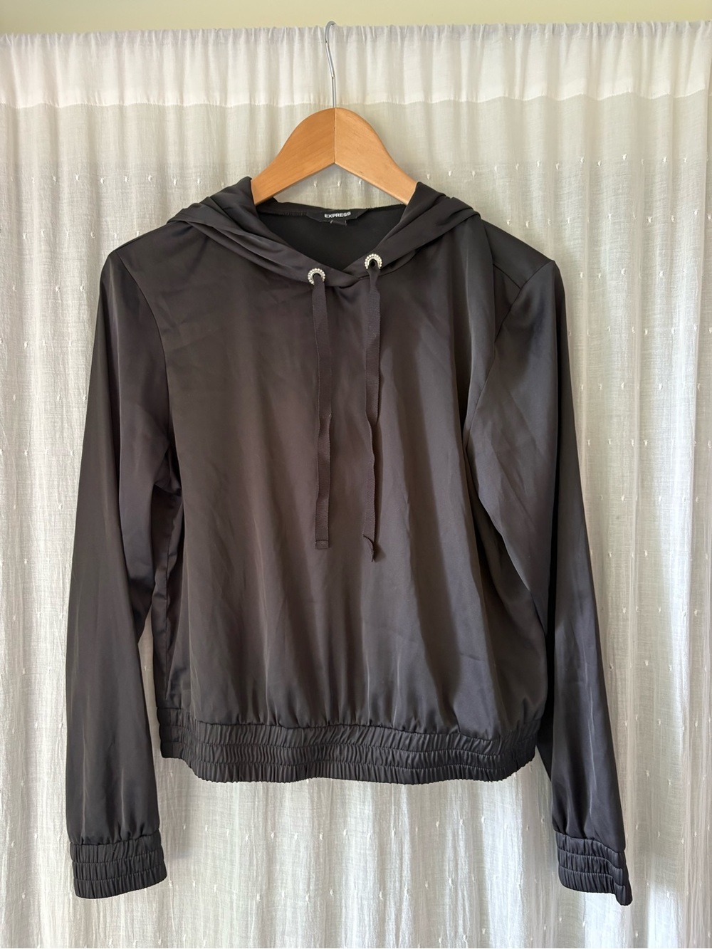 Express Black Satin Hooded Pullover Sweatshirt